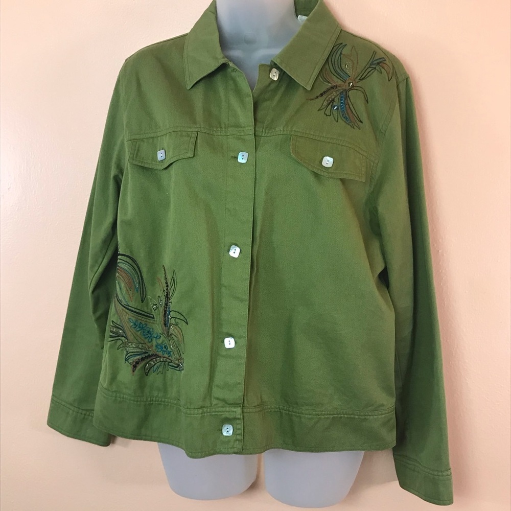 Marsh Landing Olive Green Embroidered Lightweight Jacket Women M Shacket